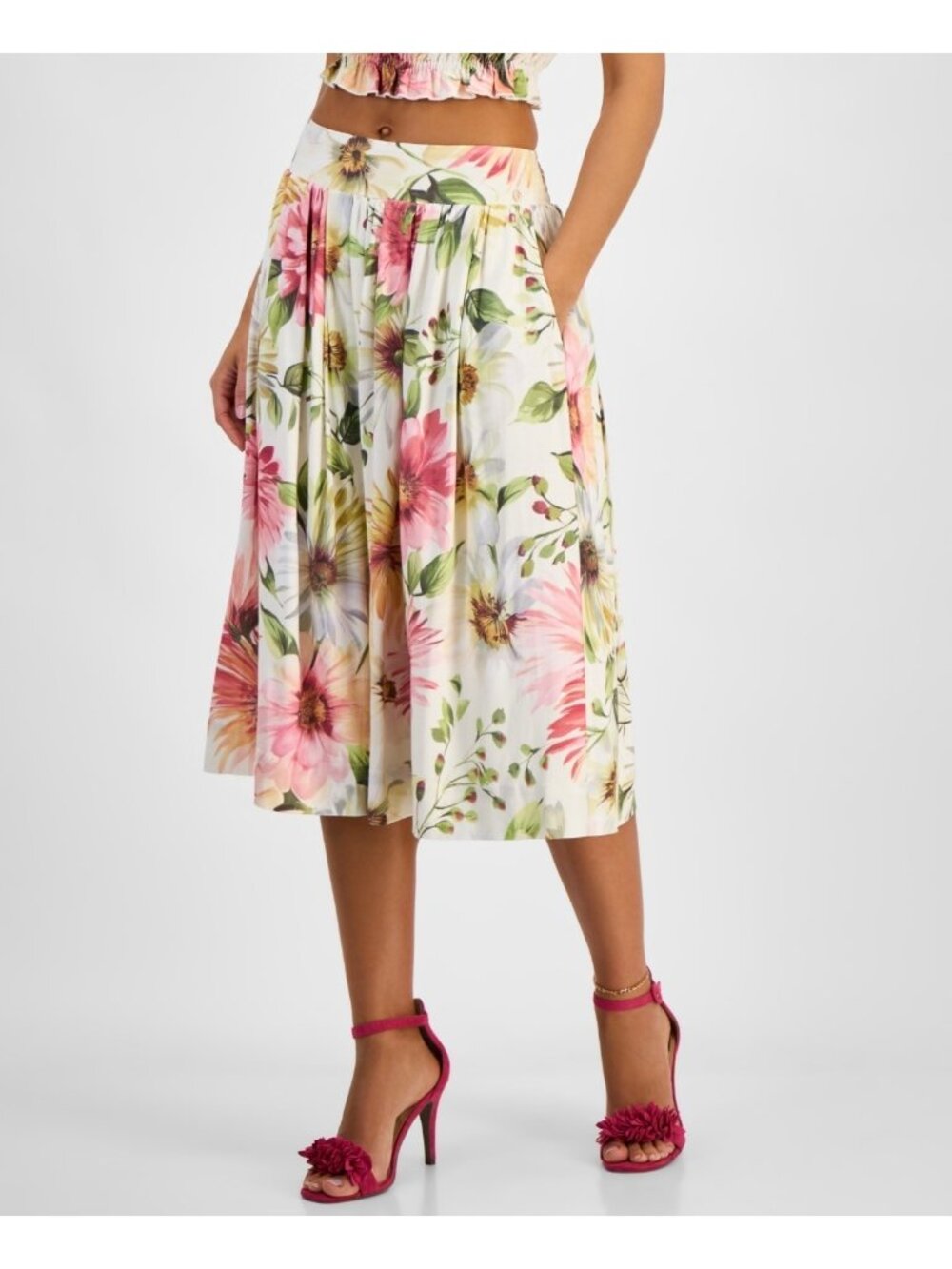 GUESS Women's Elodie Viscose Floral-Print Smocked-Waist Skirt Ivory Size XL $118
